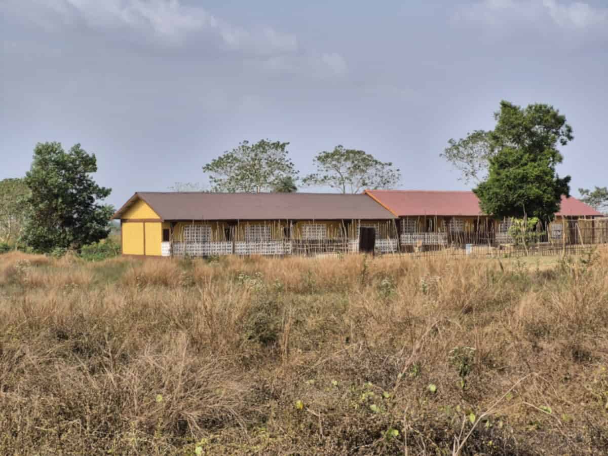 Uitgestrekte schoolgebouw in Kenia, omgeven door natuur.