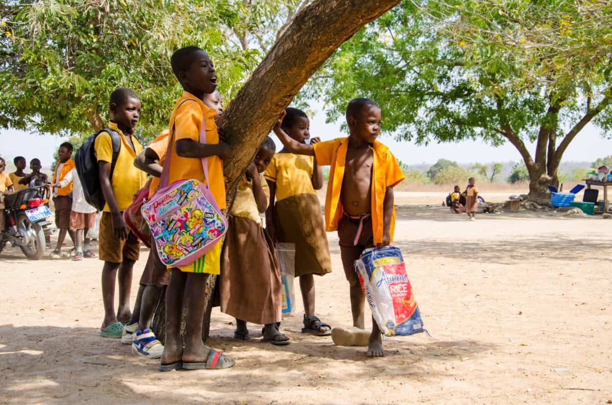 Kinderen in Afrika wachten onder een boom, klaar voor onderwijs of hulp.